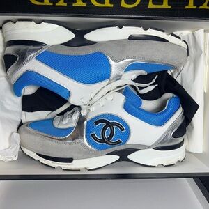 CHANEL Sneakers  Blue and White Athletic Shoes with Silver Detail